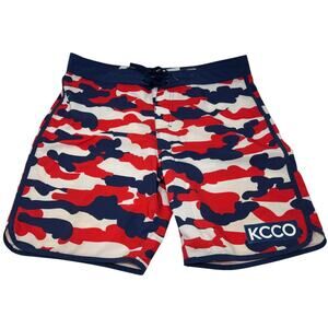 The Chive Men’s 32 Board Shorts Stretch Keep Calm Chive On Red Camouflage Resort